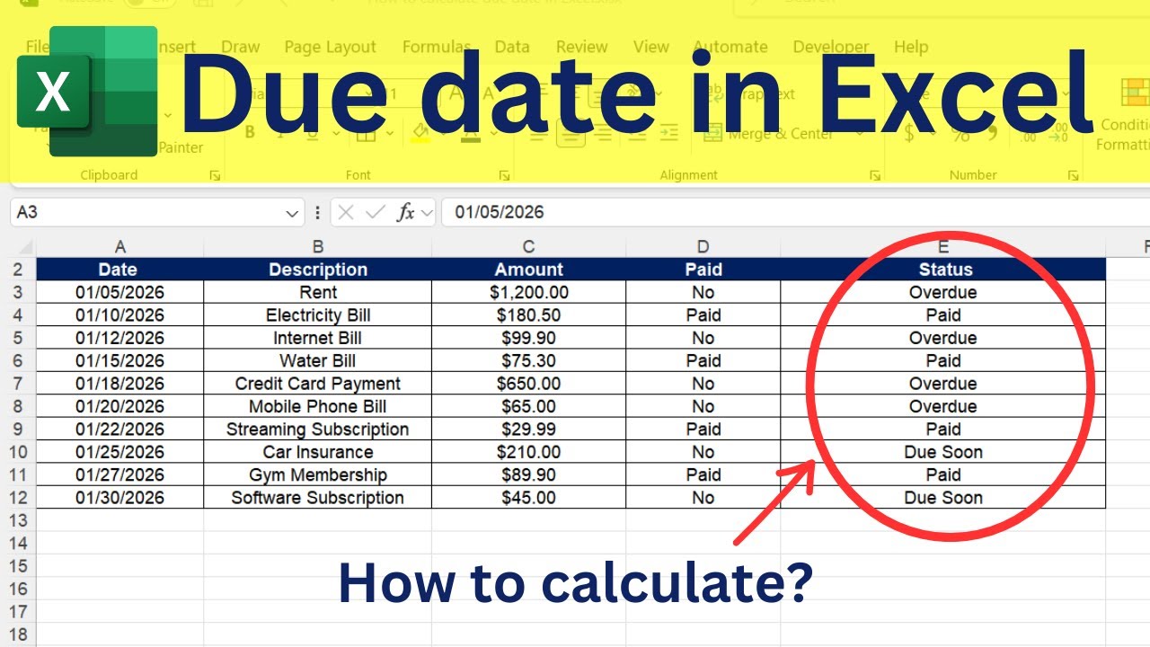 How to Calculate Due Date Status in Excel (Overdue, Due Soon & Paid)