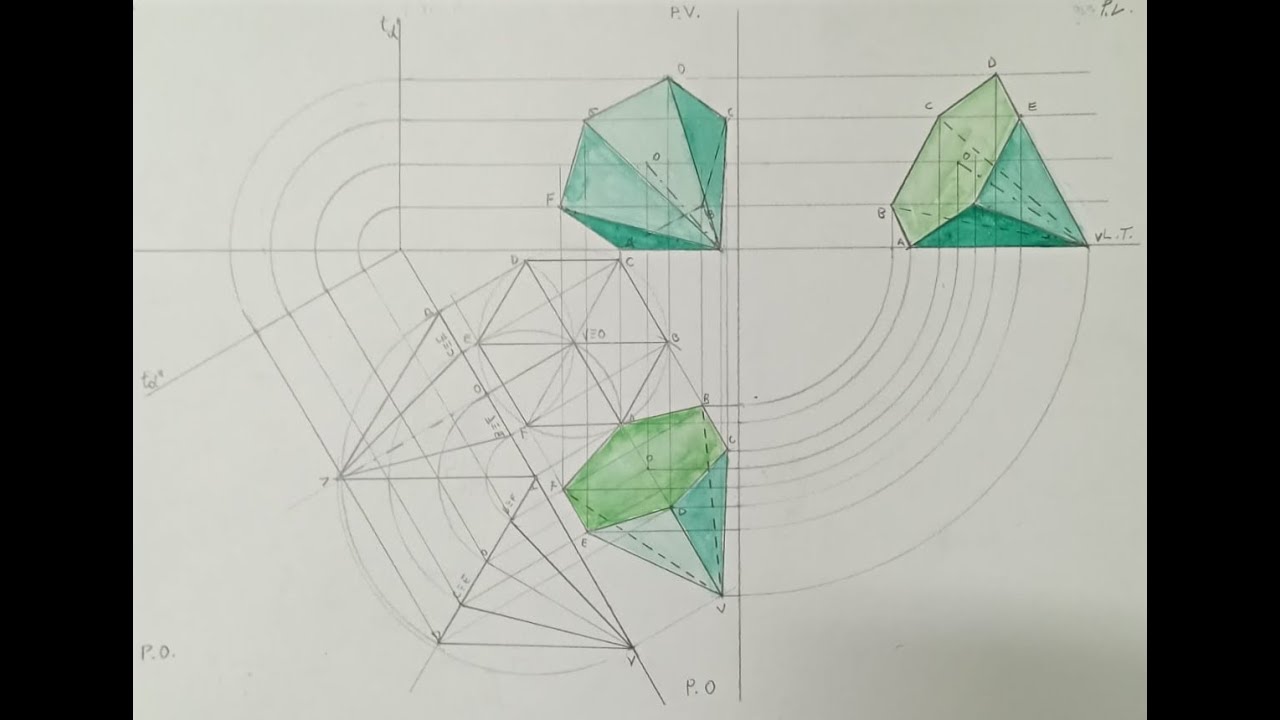 Prioiezione ortogonale di piramide ruotata con piano ausiliario