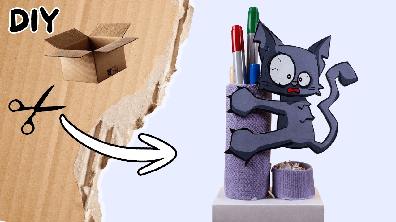 CUTE DESK PEN DESK ORGANIZER WITH CAT  EASY CARDBOARD DIY TUTORIAL