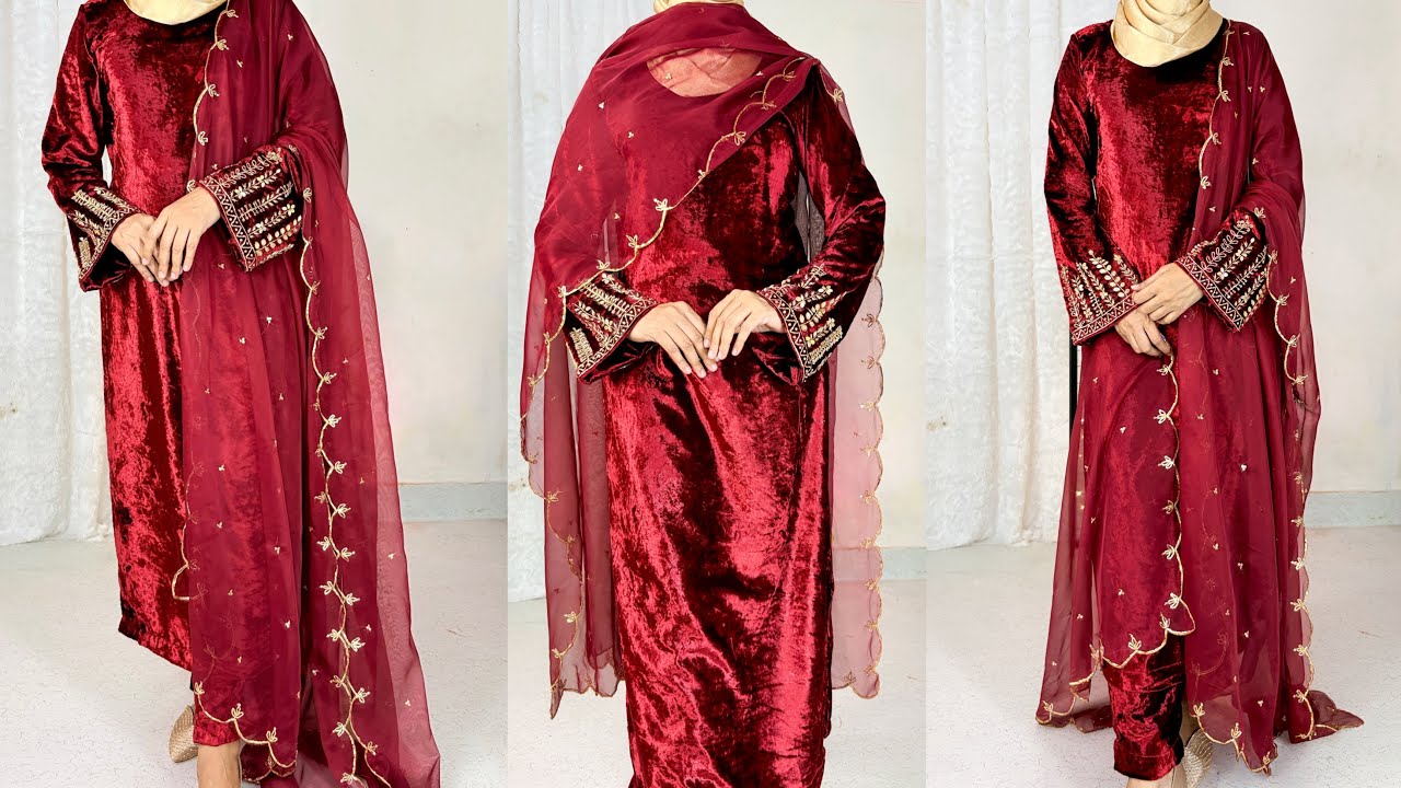 49//Outfit out of#100 Designing Maroon Velvet Party Wear Suit | Wedding/Eid Special Dress Designing 