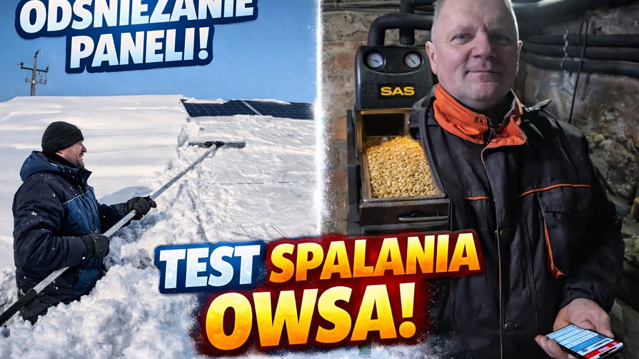 Odśnieżanie paneli pv i palenie owsem w piecu na pelet firmy SAS test 
