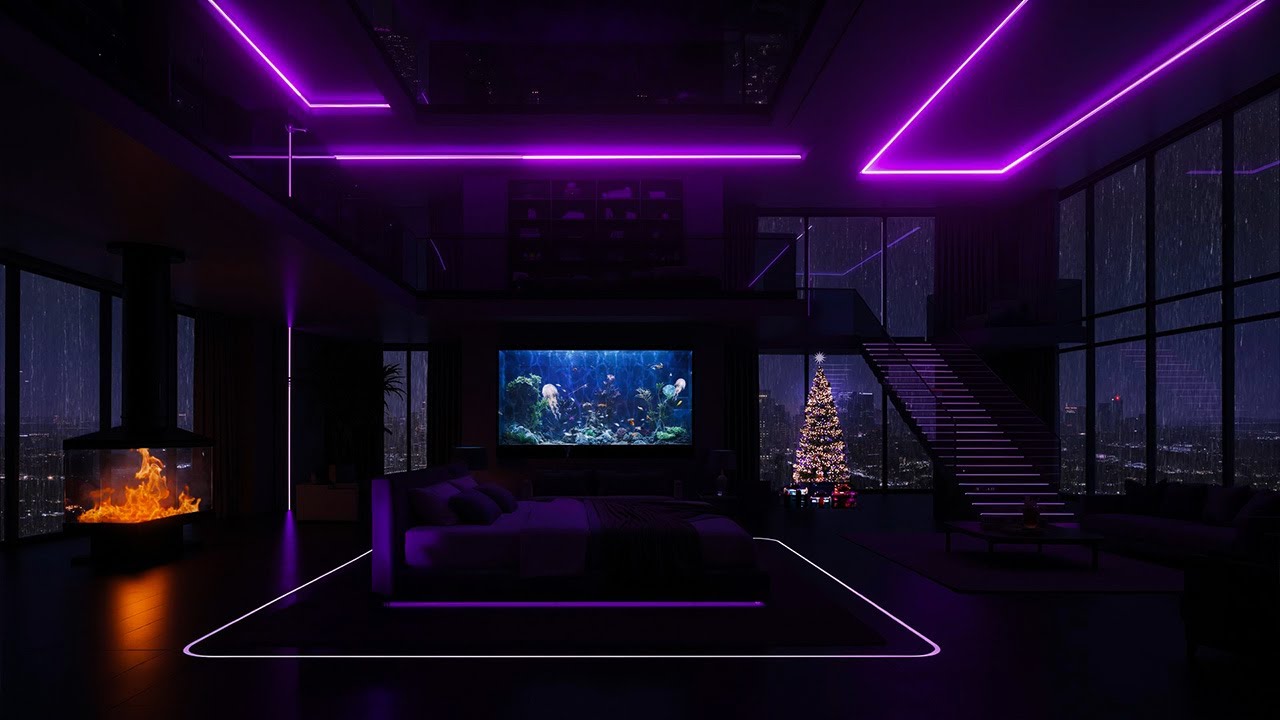 Rainy Christmas Night in a Luxury City | Relaxing Piano & Fireplace Ambience for Sleep, Focus