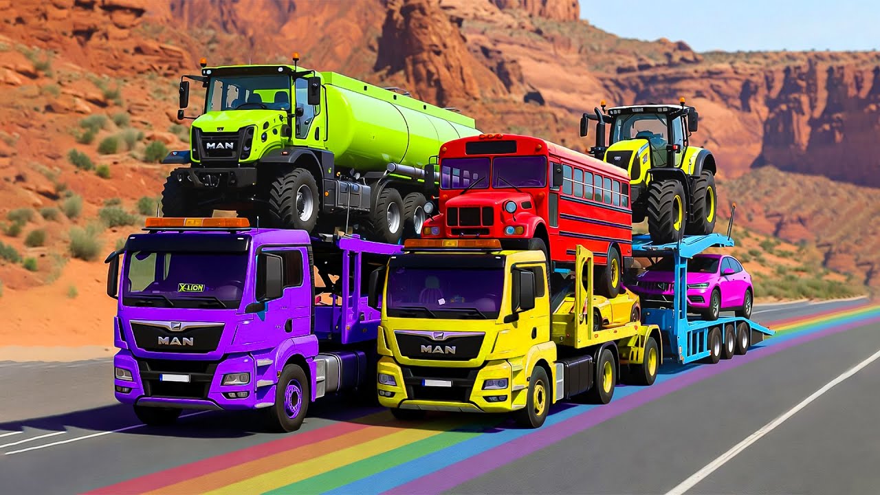 Triple Flatbed Trailer McQueen Transportation with Truck - Speedbumps vs Cars vs Train - BeamNG #2