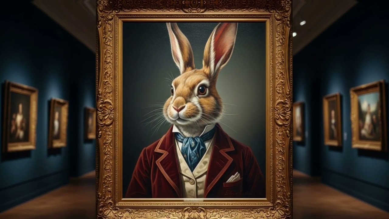 Elegant framed Easter Bunny portrait in oil paint style rich textures relaxing 3-hour TV screensaver