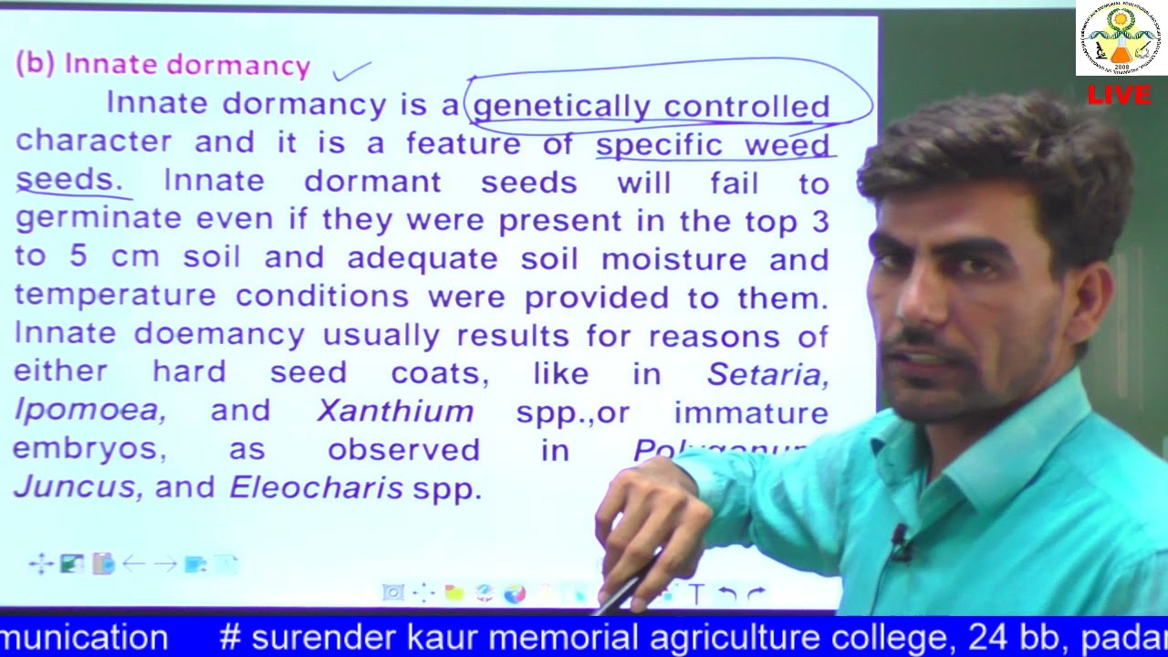 AGRON 313 Lecture 6 Dormancy of Weeds and Its Types