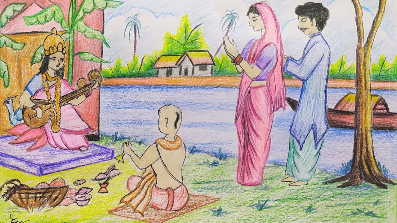 Saraswati Puja Drawing Easy. Sarswati Puja Scenery Sketch. Basant Panchami drawing Step By Step.