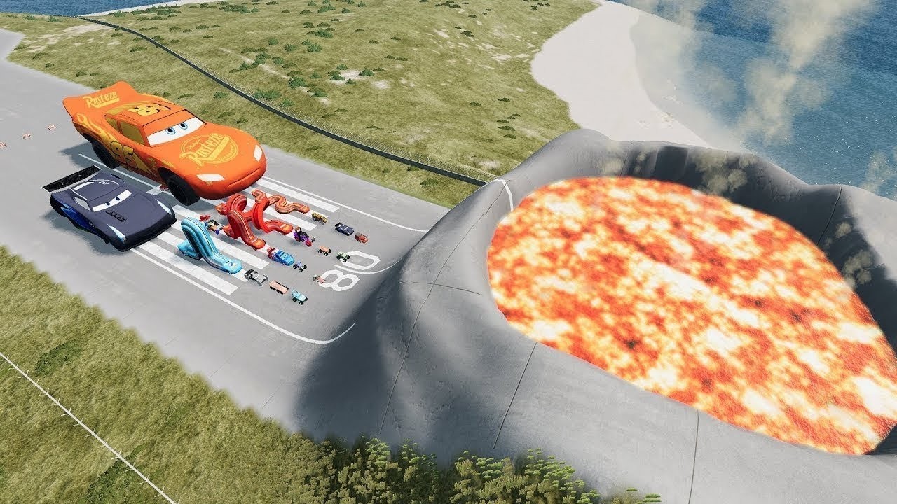 Big & Small Lightning Mcqueen, Dinoco vs Tow Mater, Pixar Cars vs GIANT VOLCANO - BeamNG.Drive