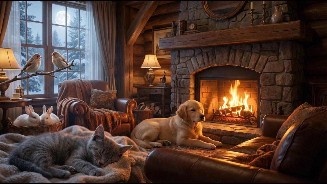 Peaceful Night with Cute Pets 🐾 Relaxing Cozy Fireplace Ambience