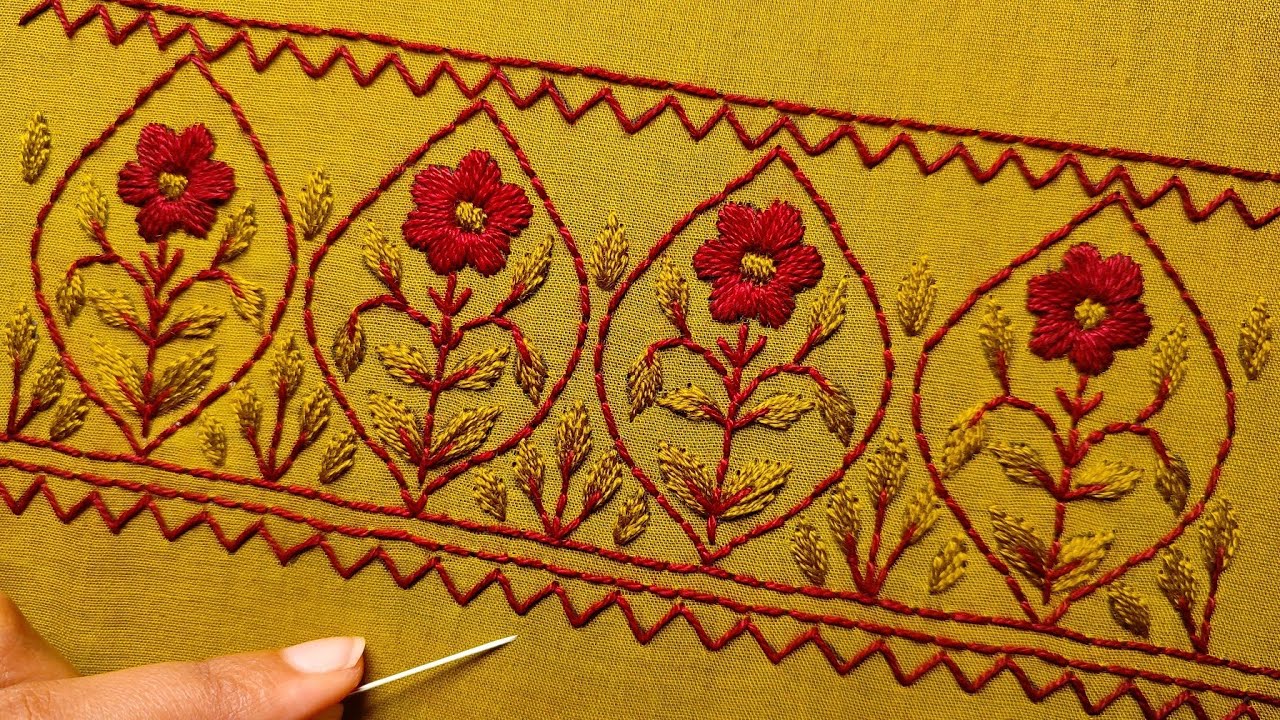 Border/Outline embroidery work,Simple hand embroidery dress design,কামিজ/ওড়নার হাতের কাজের পাড় সেলাই