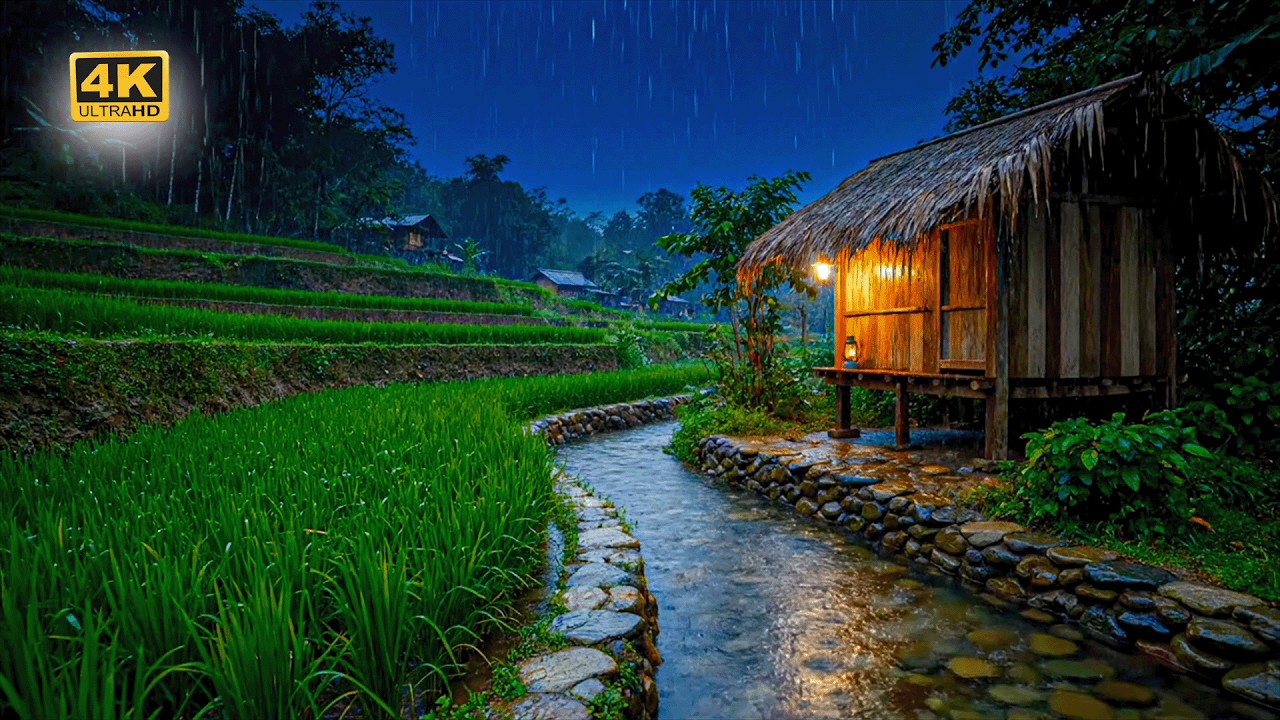 Instant Stress Relief Rainy Night in a Peaceful Rice Field Retreat