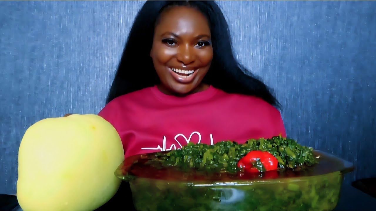 Asmr mukbang spinach soup with fufu