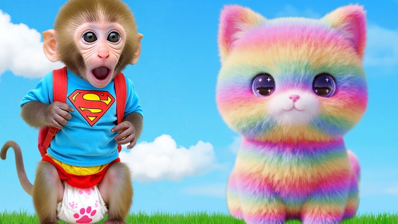 Macaco Bon Bon e o patinho fugindo juntos de um tsunami gigante.