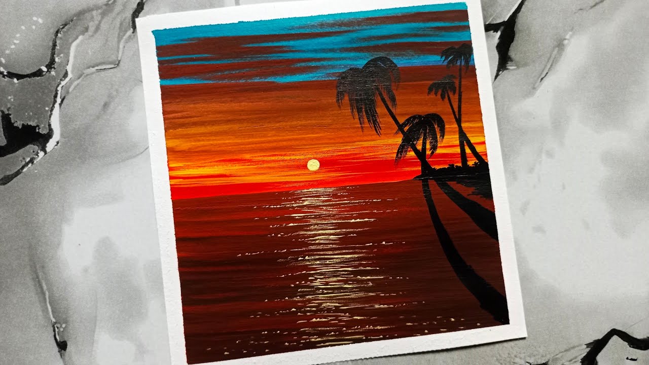 Painting a beautiful sunset scenary / acrylic painting tutorial for beginners 