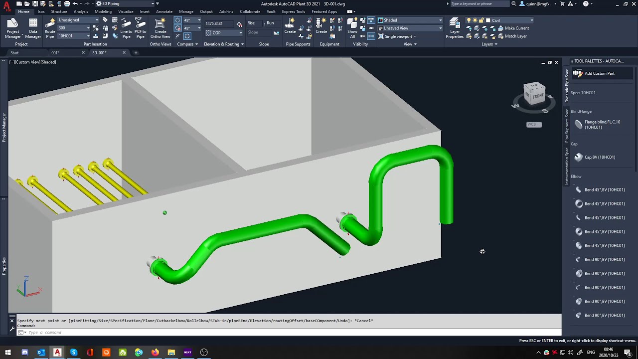 Plant 3D - Adjust line elevation when using 45° elbows
