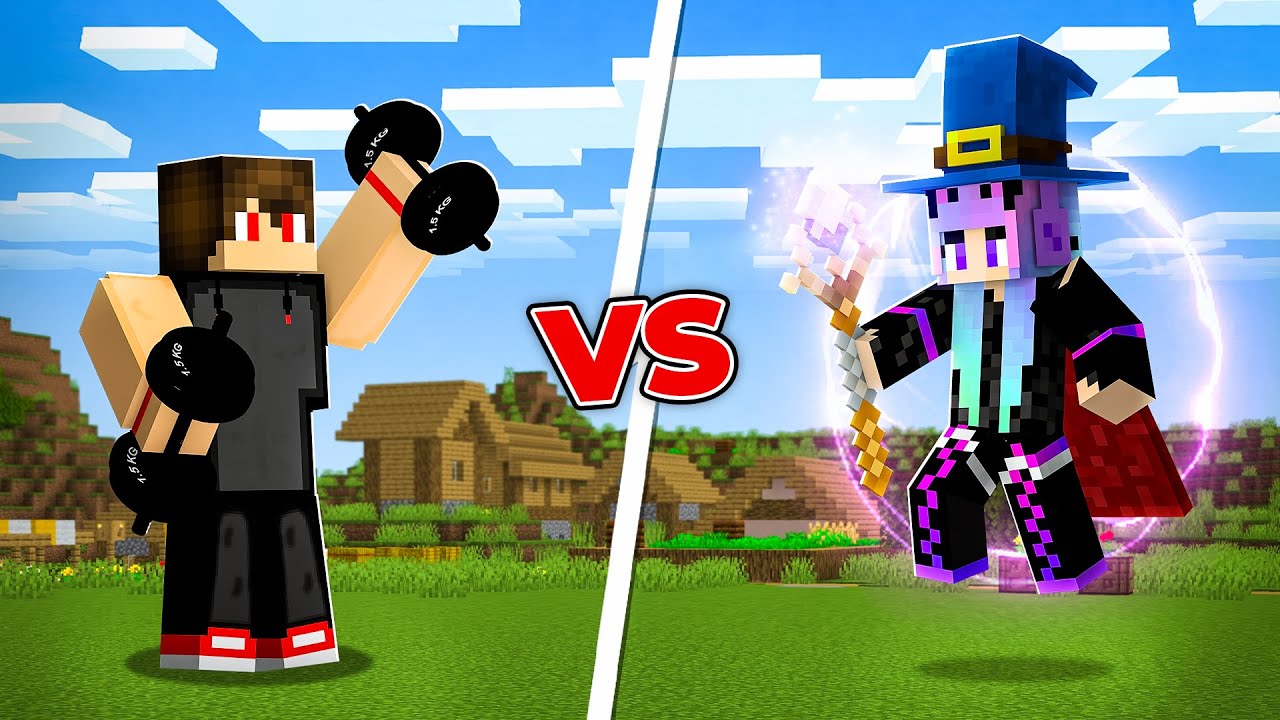 MUSCLES vs MAGIC battle in Minecraft!