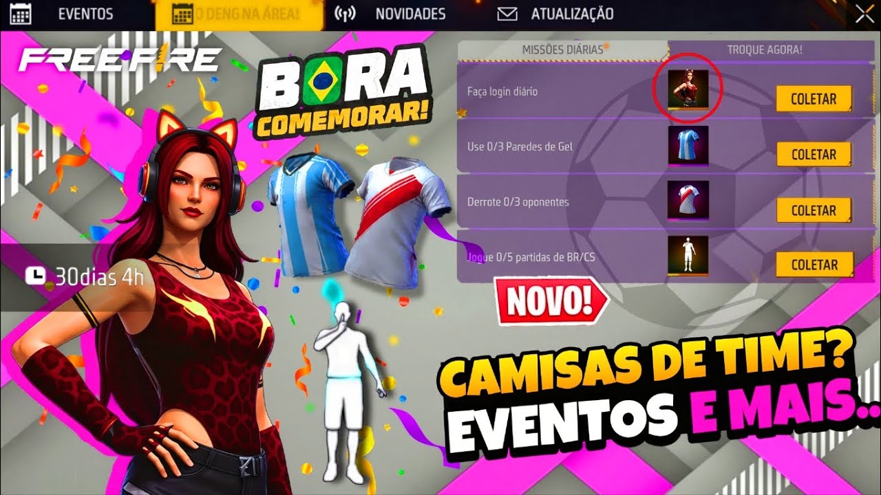 CORRE!! PEGUE SUA CAMISA DE TIME? SKIN PARA TODOS, EMOTE GRÁTIS? EVENTOS E MAIS, NOVIDADES FREE FIRE