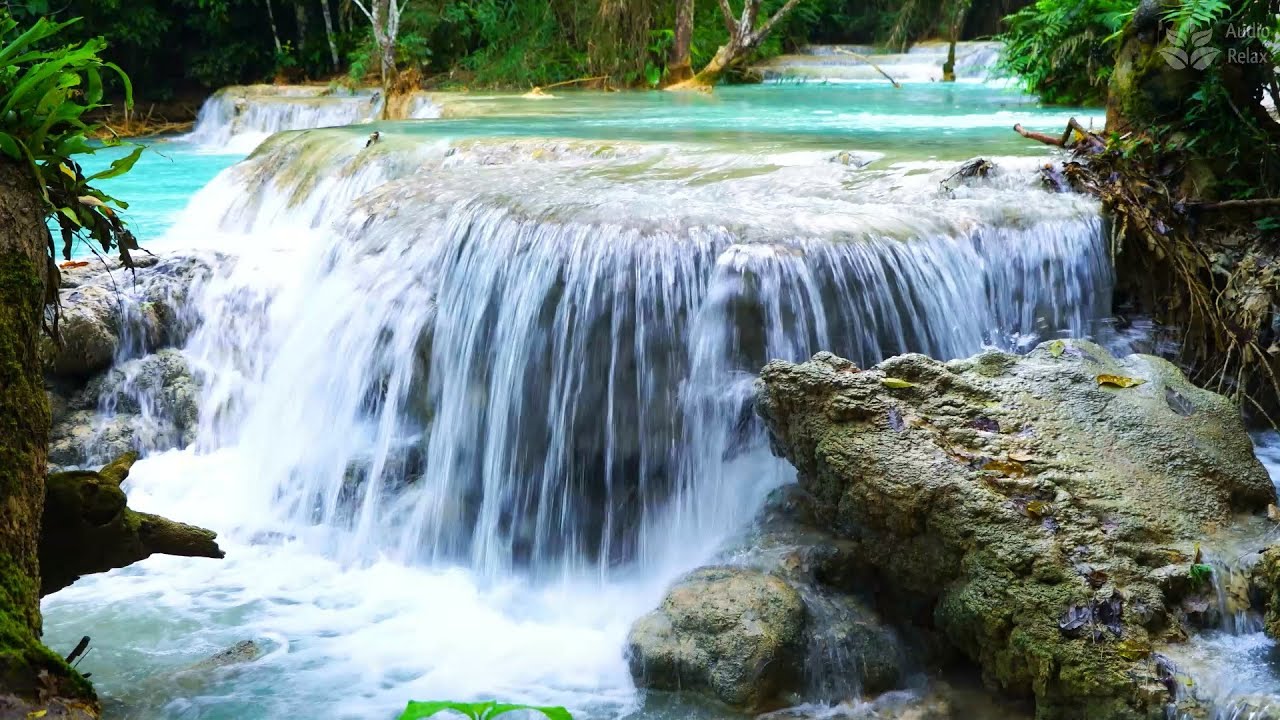 Calming Turquoise River and Waterfall Sound. Nature ASMR. Audio Relax