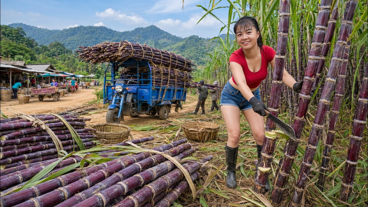 Timelapse - Harvesting Huge Purple Sugar Cane | From Farm to Country Market