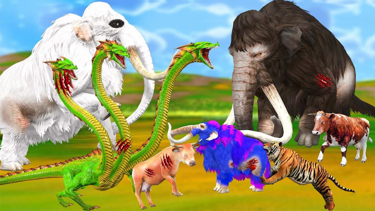 4 Zombie Mammoths vs Hydra Tiger Animal Fights Woolly Elephant Help Rescue  Cow Bull Dinosaur Attack