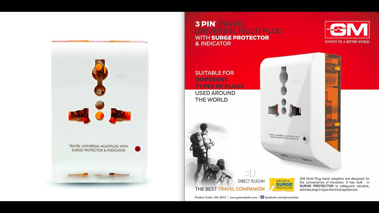 GM 3 Pin Universal Travel Multi Plug, Surge protector and safety shutter