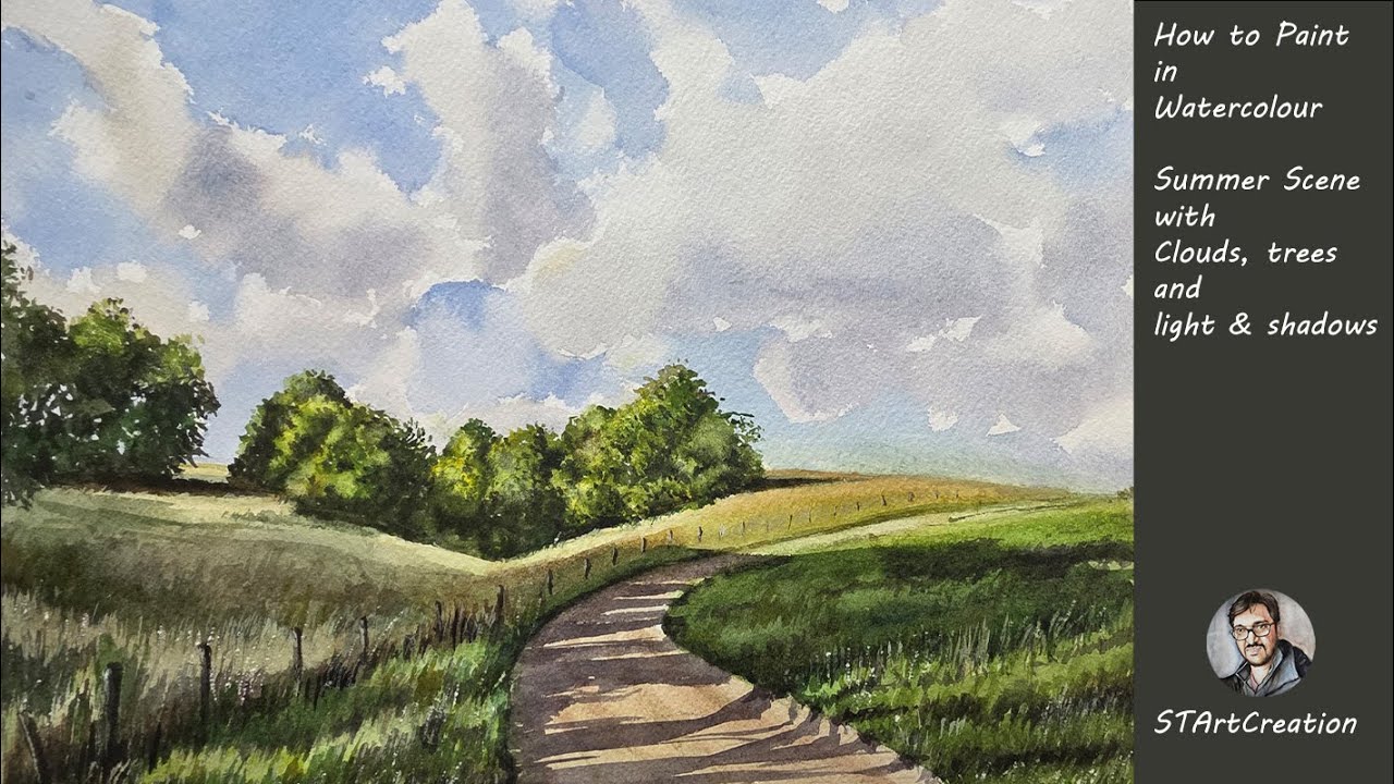 🎨 Beautiful Summer Scene in Watercolor — Clouds, Trees, and Light & Shadow 🌳☀️☁️