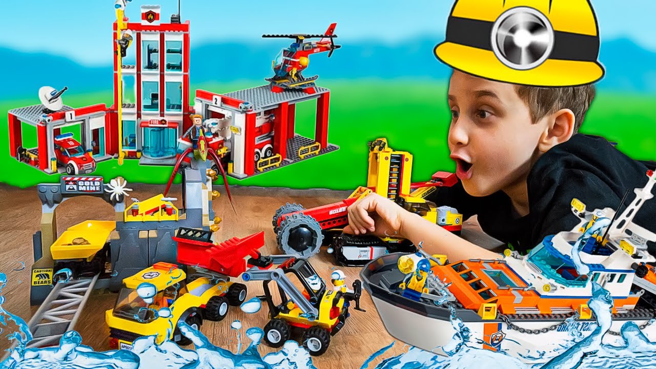 PAULINHO e TOQUINHO Brincam na CIDADE LEGO com Dinossauros, Estação de Bombeiros, Mina de Ouro