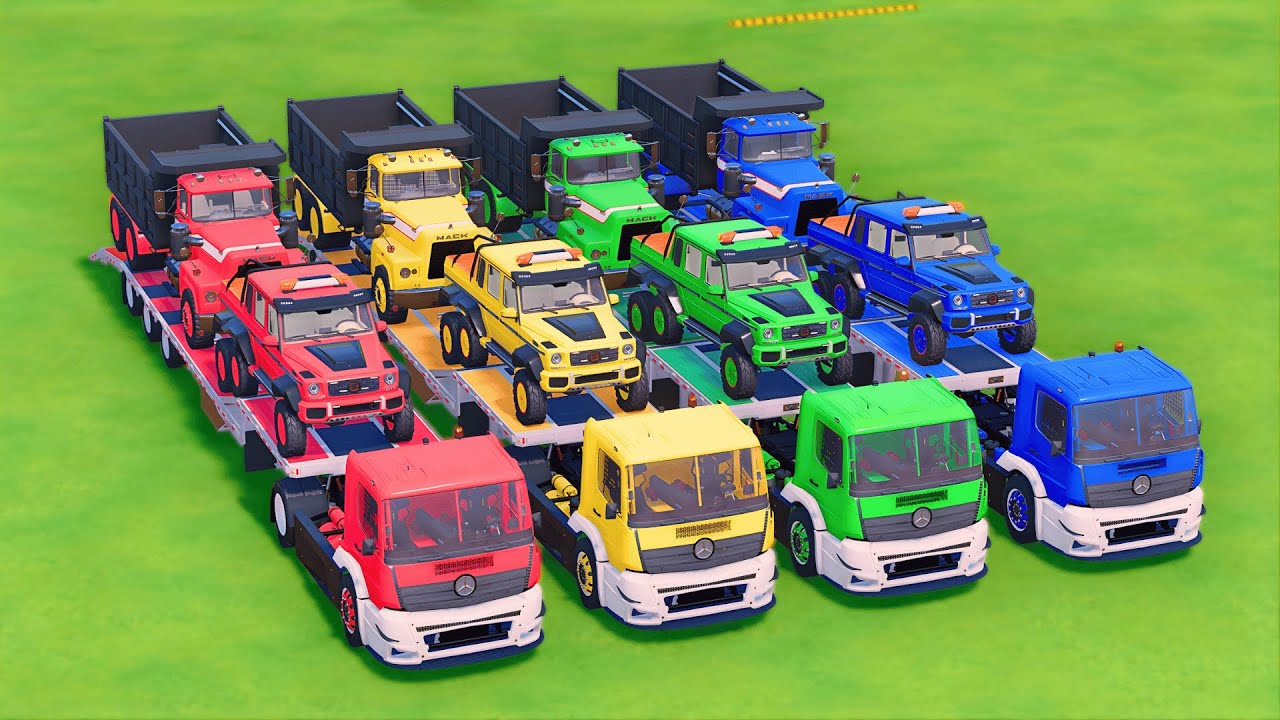 TRANSPORTING MERCEDES, BRABUS 6X6, MACK DUMP TRUCK, COLORFUL CARS WITH TRUCK - FS22