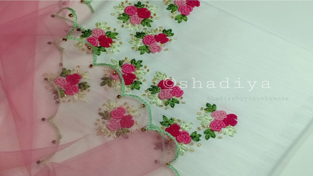 Hand embroidery neck design with bullion rose and beads|salwar kurti neck embroidery design