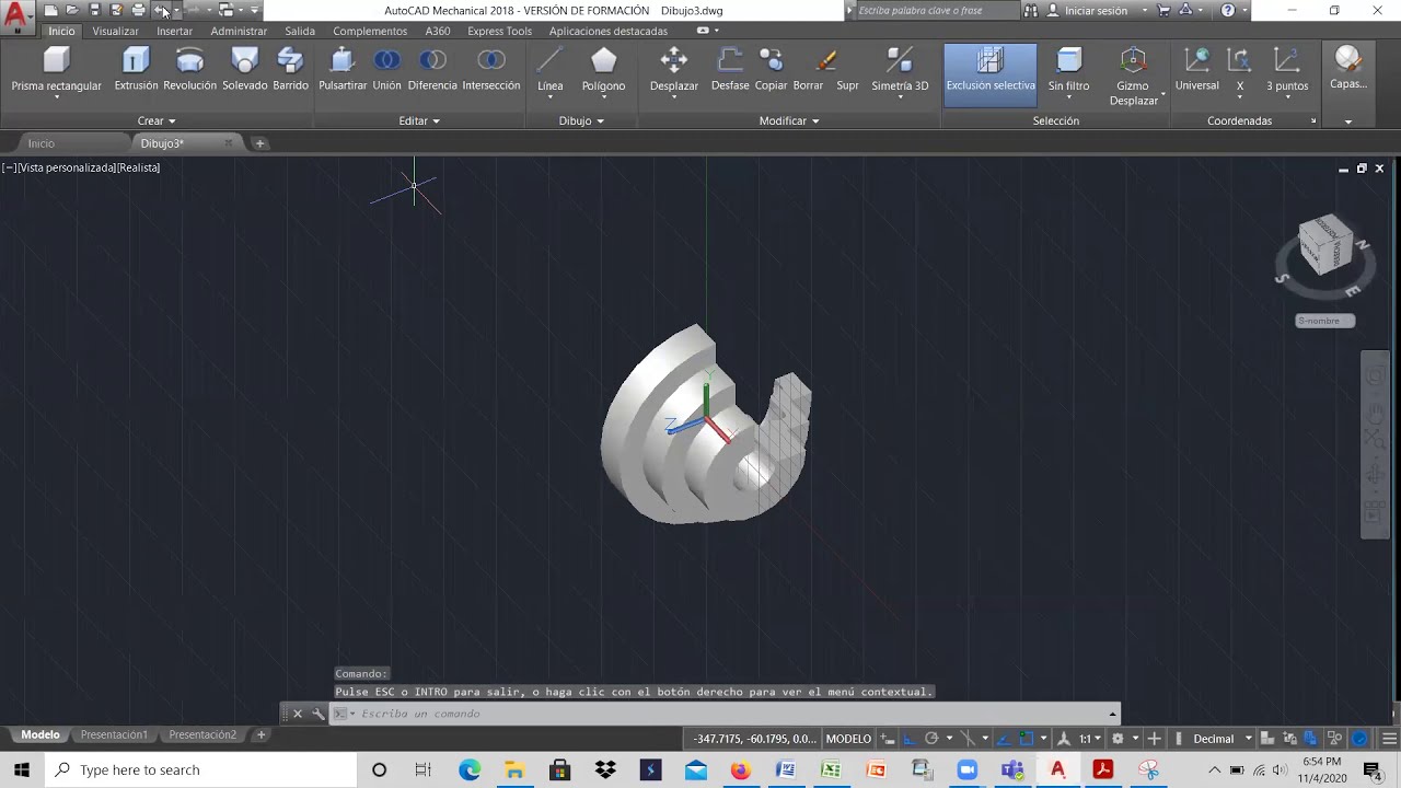 AutoCAD Mechanical 2018. Ejercicio 43. Piezas en 3D usando el comando revolución parte 2.