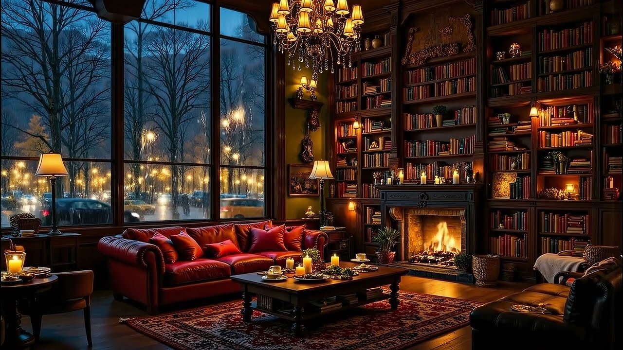 Cozy Winter Jazz at a Bookstore Cafe Ambience ☕ Smooth Jazz Piano & Rainy for Reading, Working