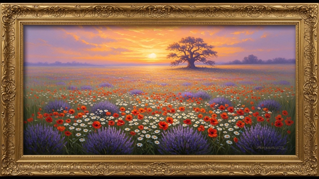 Frame TV Art with Music: Rustic Sunset Meadow: Poppies & Lavender | Antique Style Floral Scenery