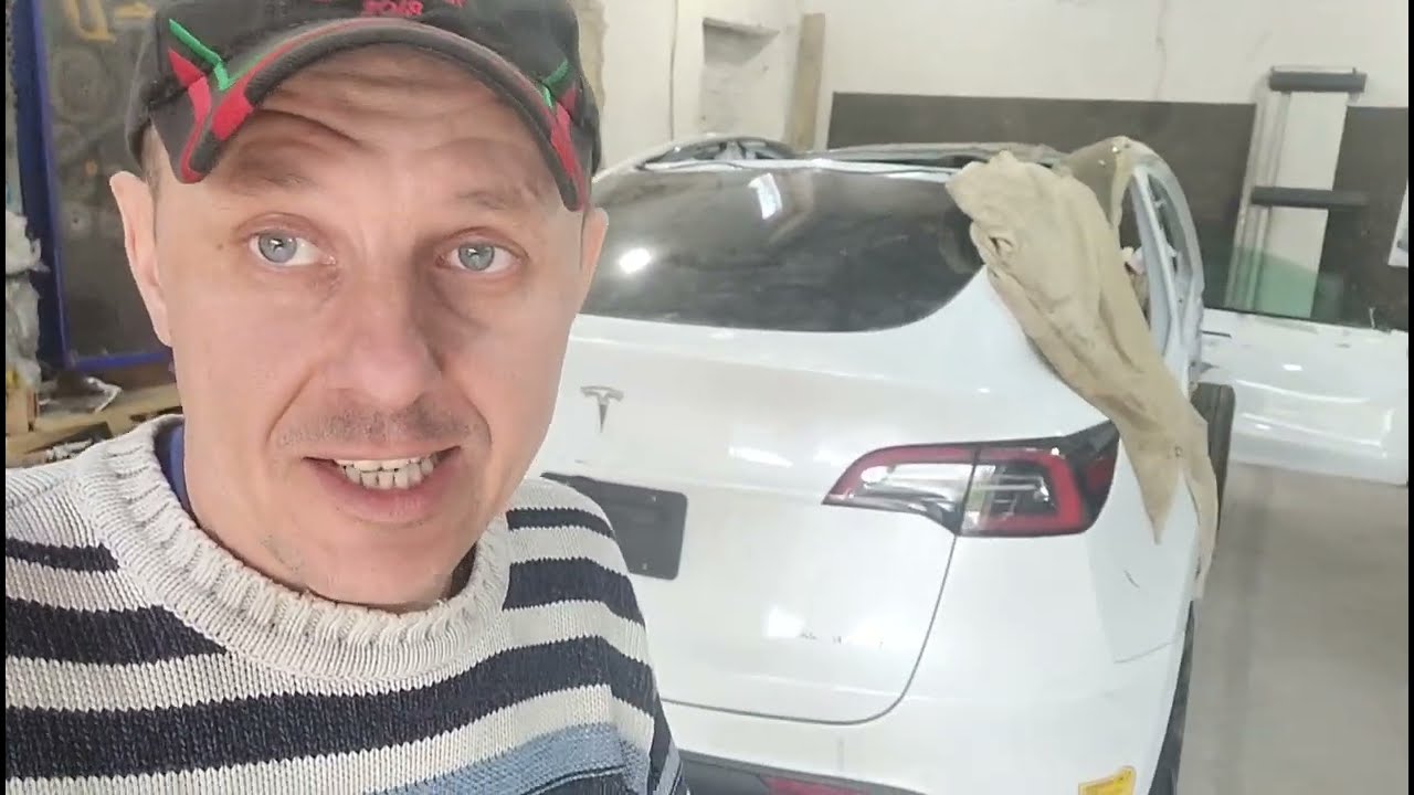 Tesla Y Боковой удар, восстановление дефектов, частична замена порога и стоек.