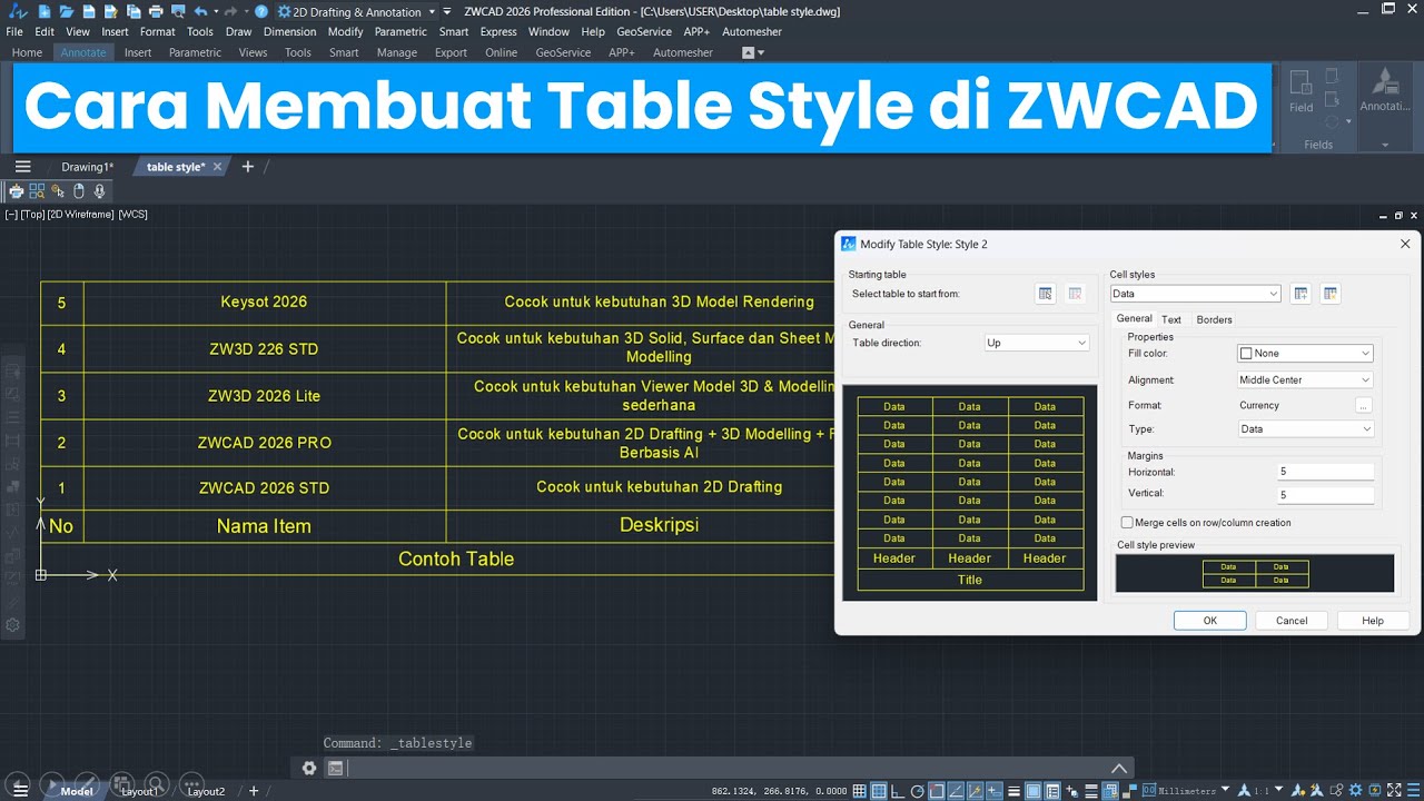ZWCAD - Config 5 - Cara Membuat Table Style di ZWCAD