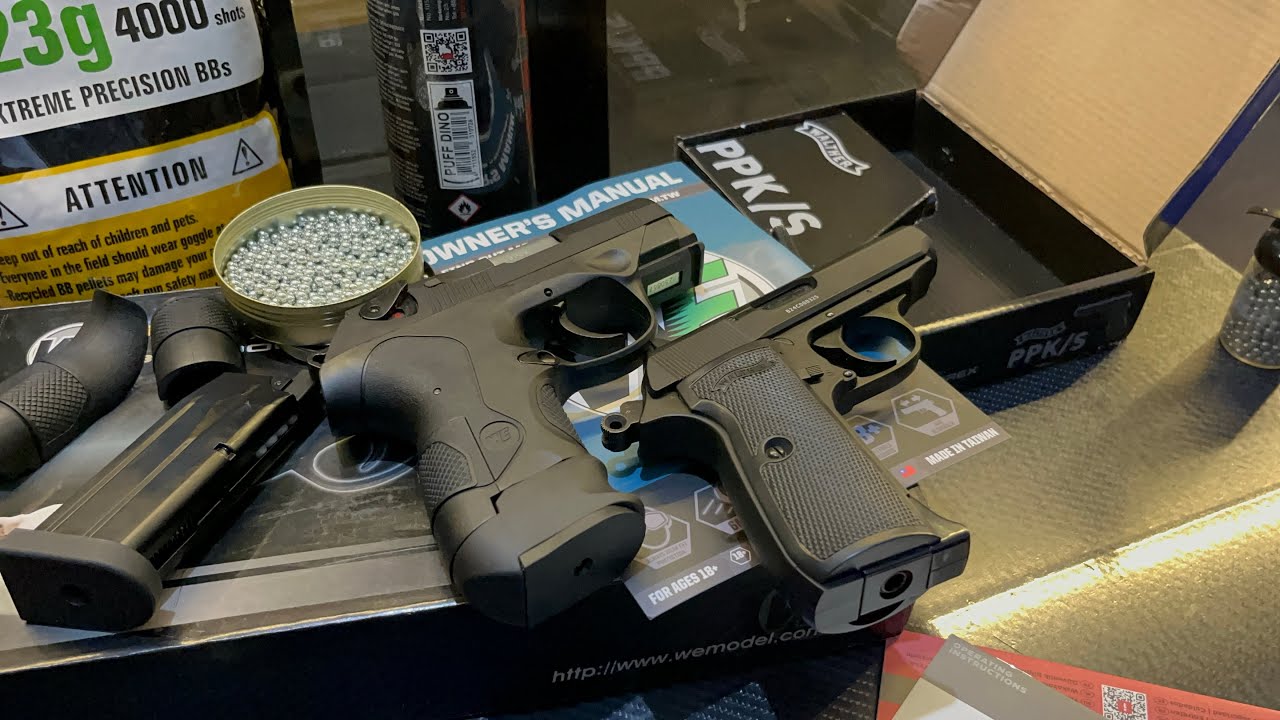 Umarex Airgun Walther PPK and WE Bulldog Airsoft Pistol unboxing and testing