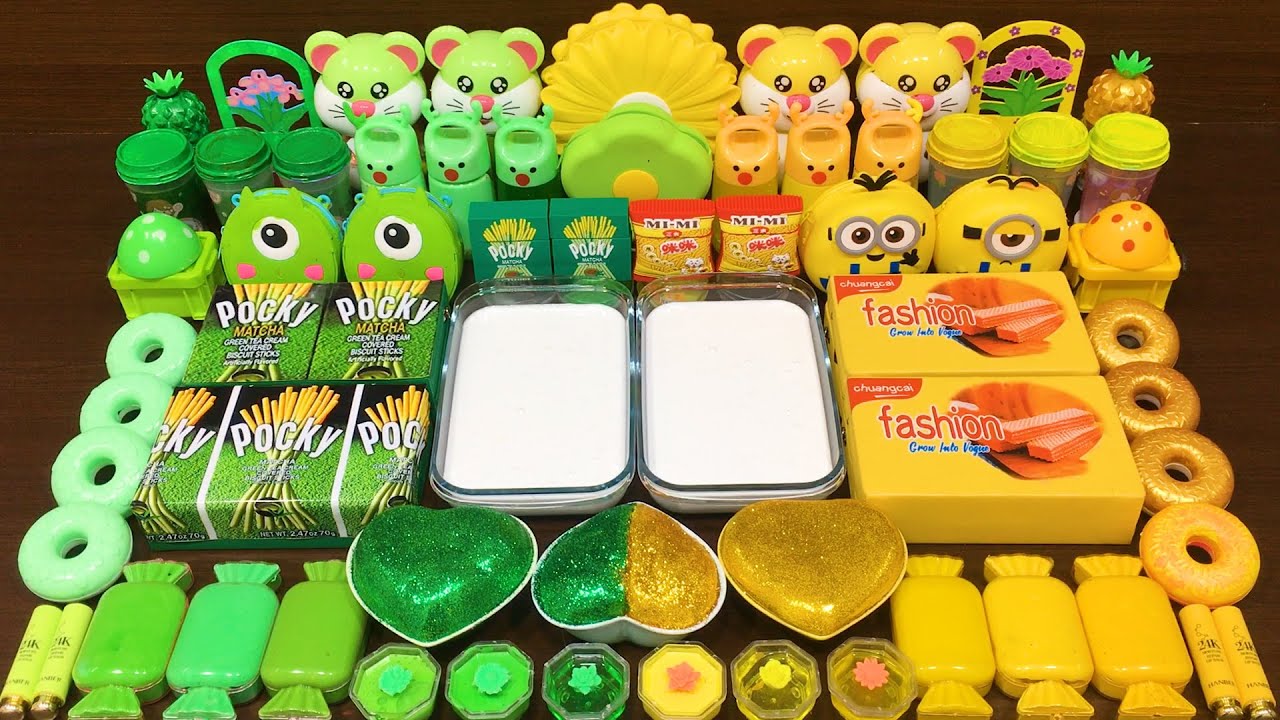 GREEN vs YELLOW! Mixing Random into GLOSSY Slime ! Satisfying Slime Video #307