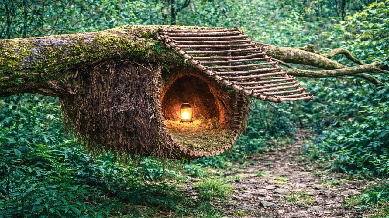 Building a Warm Survival Shelter in a Fallen Tree Root – Secret Shelter | Bushcraft