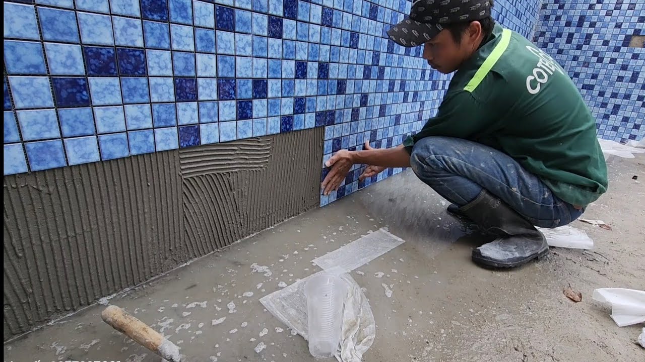 cách chỉnh chế ốp gạch mosaic hồ bơi #759 Construction of swimming pool mosaic tiles