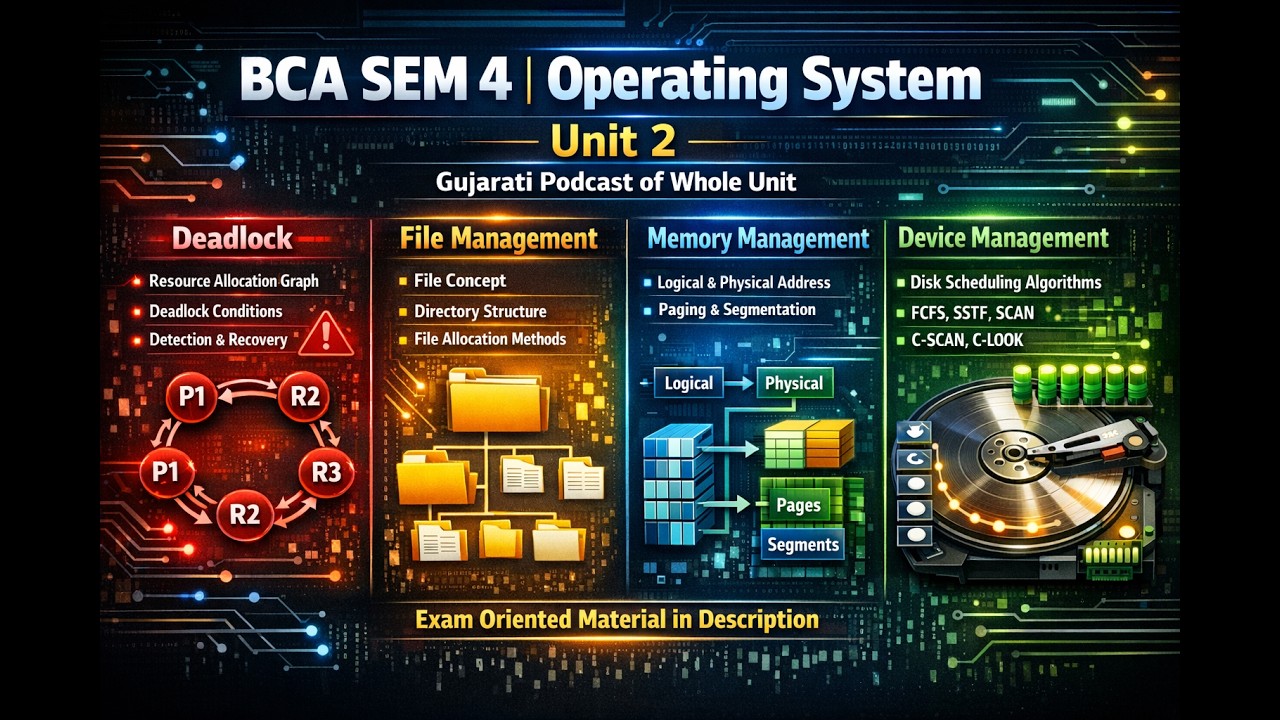 BCA SEM 4 OS Unit 2 | Full Unit Gujarati Podcast | Deadlock, Paging, Segmentation, Disk Scheduling
