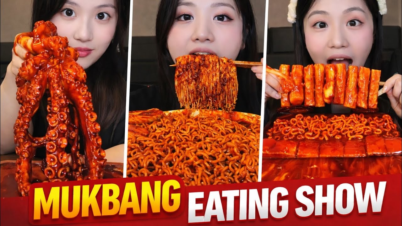 ASMR Eating Sounds | Spicy Asian Platter (Noodles, Octopus, Mushrooms)