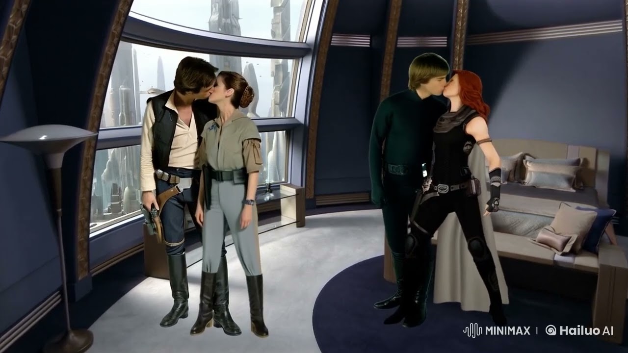Han Solo kissing Princess Leia and Luke Skywalker kissing Mara Jade