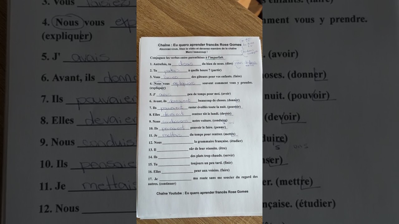 Exercice de français : conjugaison de verbes à l'imparfait