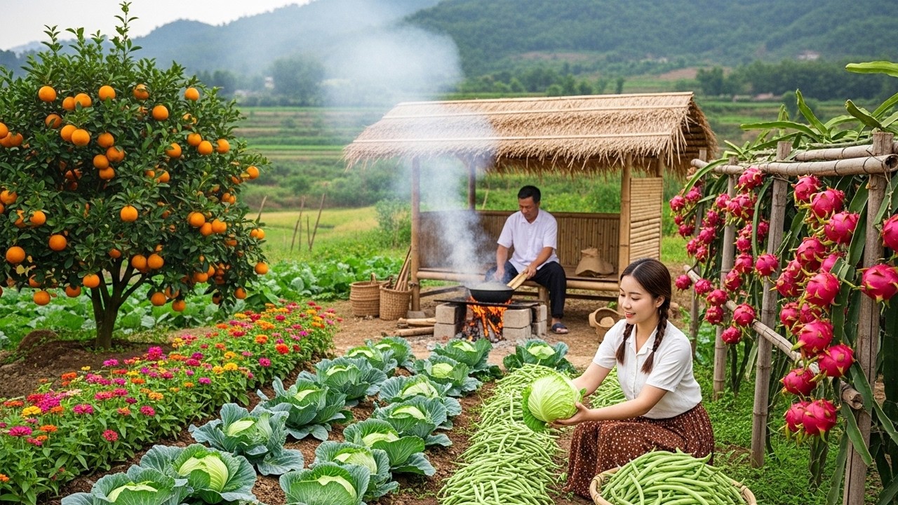 Peaceful Country Life: gardening, harvesting fresh mustard greens, and cooking a warm family meal