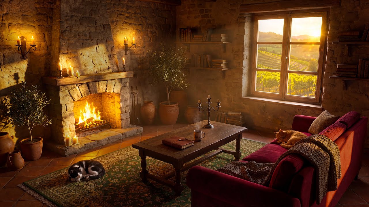 4K Cozy Fireplace & Piano 🏡 Italian Villa Morning Ambience for Focus, Reading & Calm Sleep
