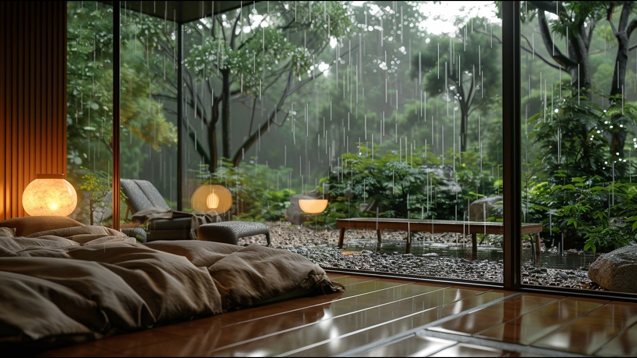 Fall Into Deep Sleep - Soft Rain Sounds with Piano Music in Warm Room - Rain Sounds For Sleep
