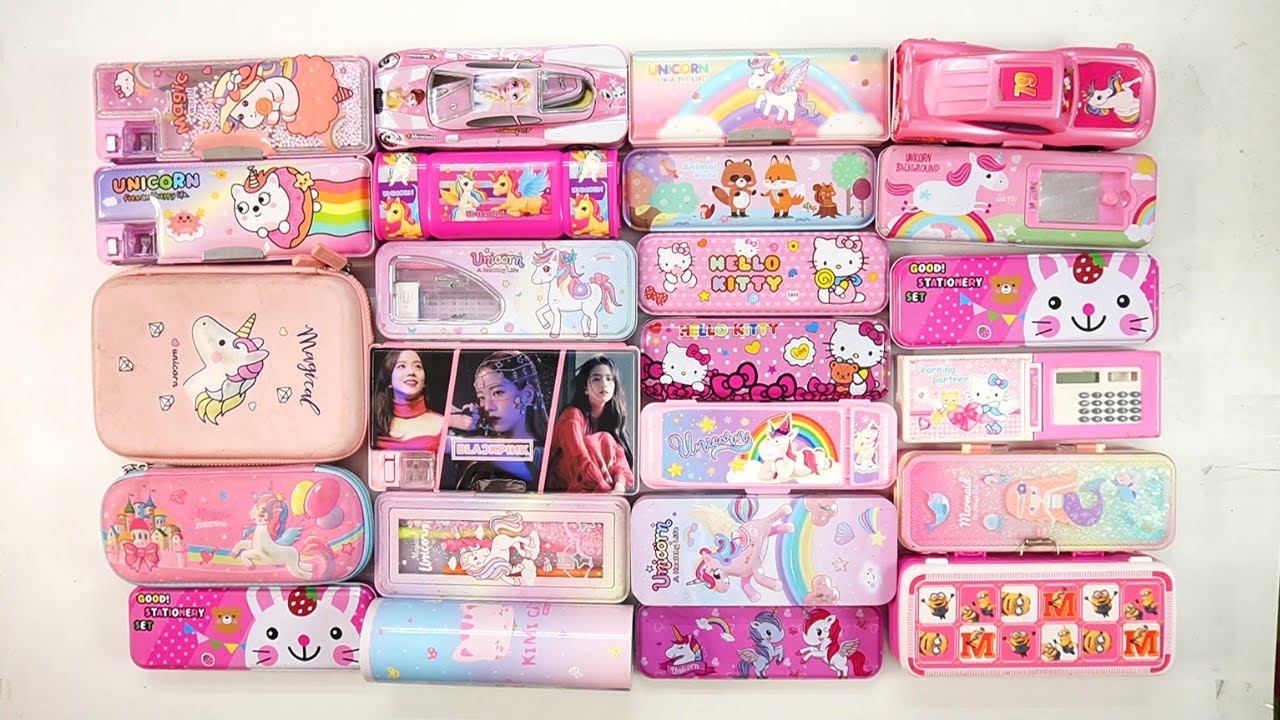 unicorn stationery collection 💥  geometry, unicorn, pencil box,pouch,hello kitty,sharpener, eraser