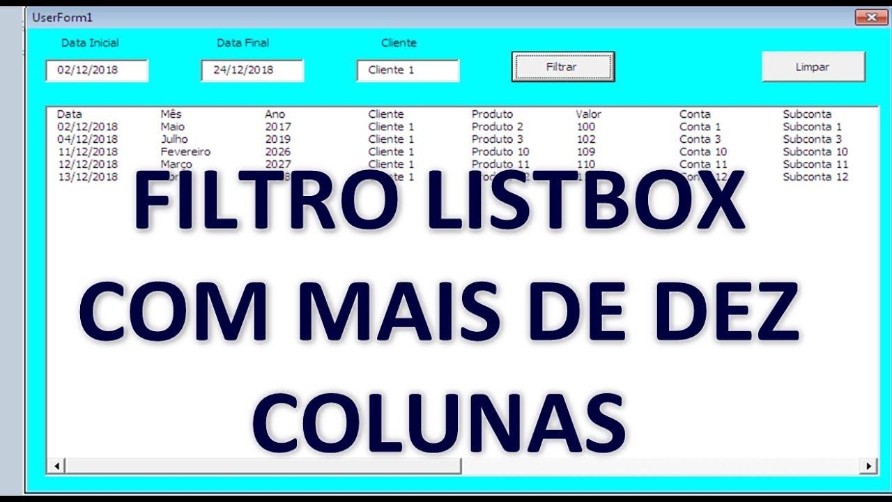 Filtro ENTRE DATAS em Listbox com Mais de DEZ COLUNAS em Excel VBA