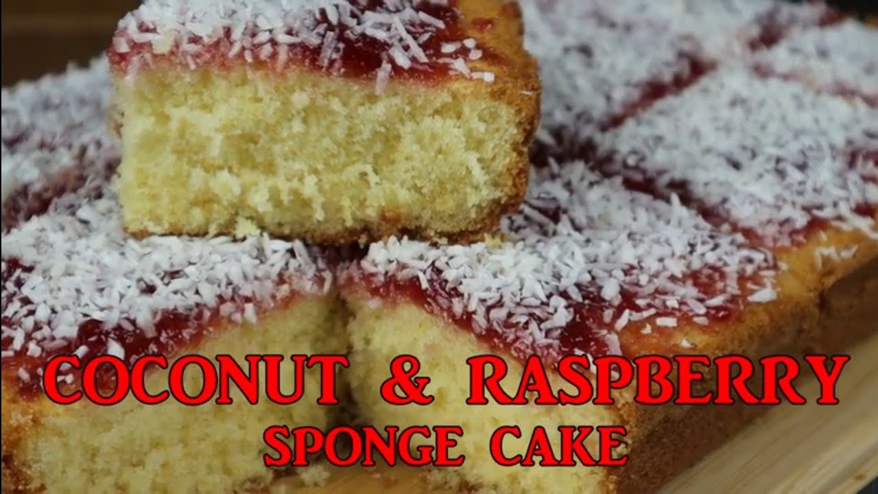 Coconut and Raspberry Sponge Traybake. A 1990s Old School favourite Sponge Cake that is Easy to make
