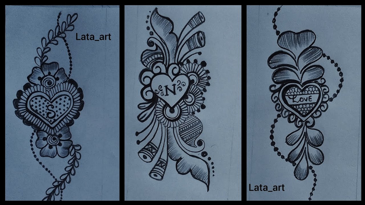 Beautiful pencil drawing mehndi design / Mehndi designs with pencil / Heart shape mehndi 