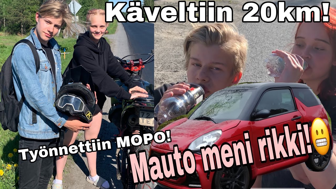 Mauto meni RIKKI! *ty&ouml;nnettiin mopoa 20km*