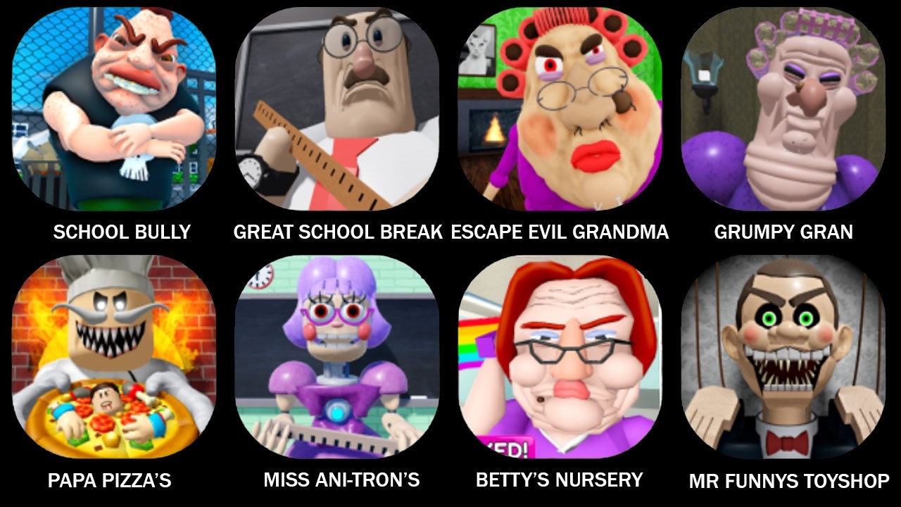 ESCAPE SCHOOL BULLY! (OBBY), GREAT SCHOOL BREAKOUT! (FIRST PERSON OBBY), ESCAPE EVIL GRANDMA! (OBBY)